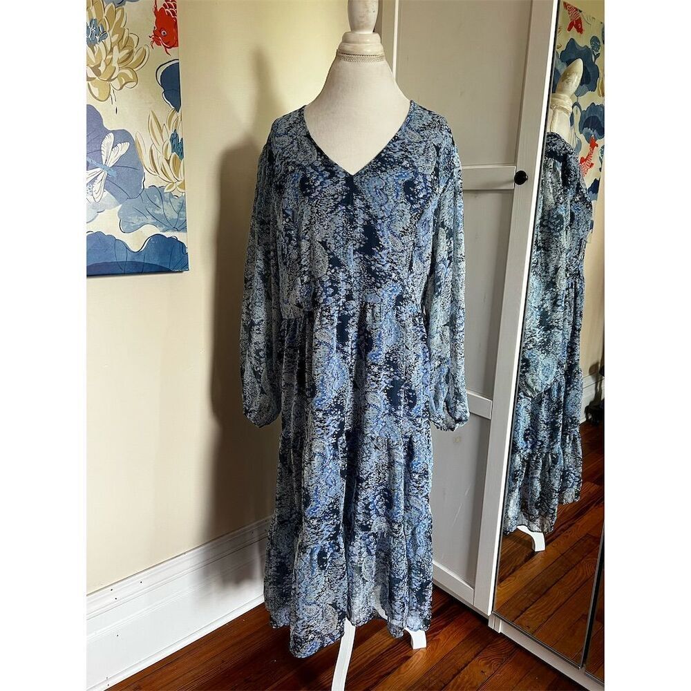 Joie Women's XL Blue Paisley Printed Chiffon Maxi Dress Long Sleeve V-Neck - XL